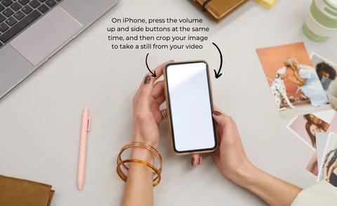 Press the volume up and side buttons on iPhone, then crop, to create a still from videos