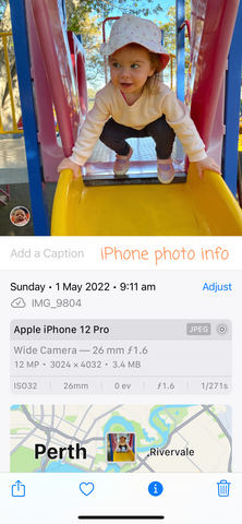 Image data including day, date, time and location can be easily found for iPhone photos