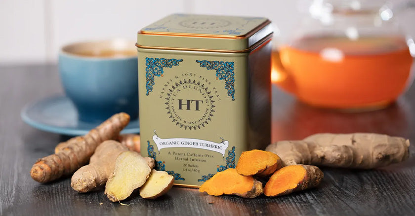 a tea tin of Harney & Sons organic turmeric ginger tea