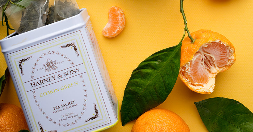 Citron Greent tea tin from Harney & Sons with an orange that is peeled open