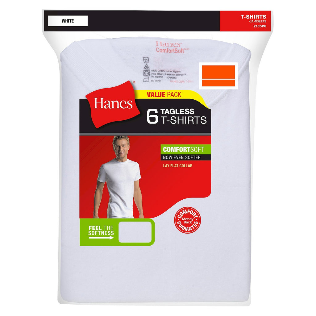 Hanes Mens Comfortsoft White Crew Neck Tagless T Shirt 6 Pack Island Cooler Delivery Service 9548