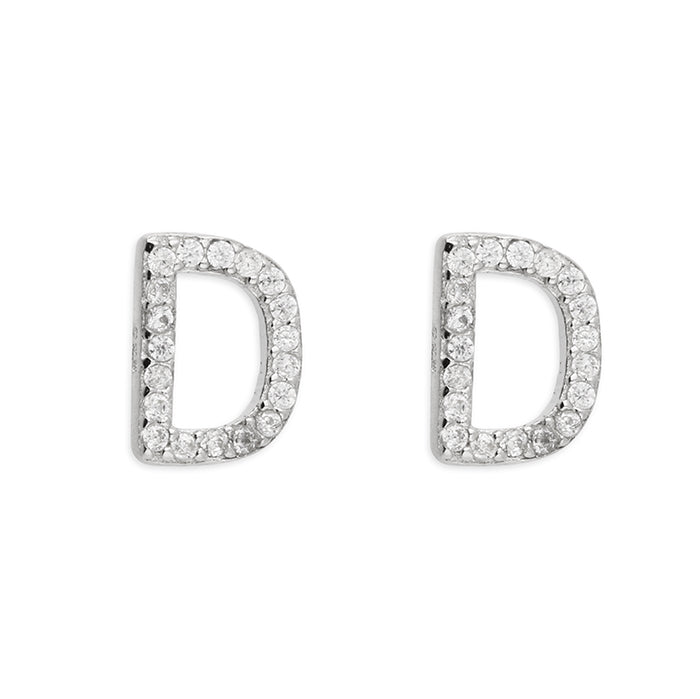 Sterling Silver Cubic Zirconia Alphabet Letter D Stud Earrings