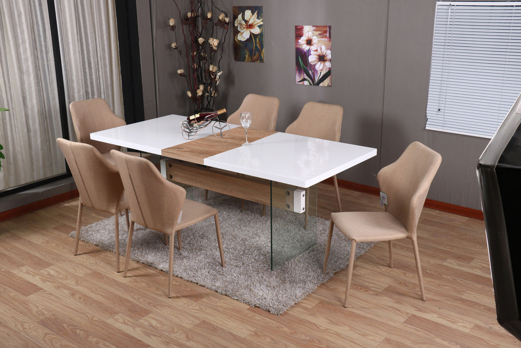 Modernique Intero Dining Table And 6 Chairs Dining Sets Extending Dining Table With White Gloss Finish Top And Oak Middle Extension