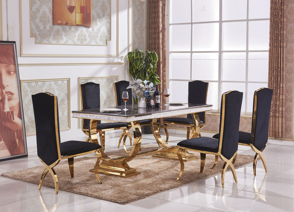 Marble Dining Table Gold Accents Frame With 6 Matching Chairs Processed Marble