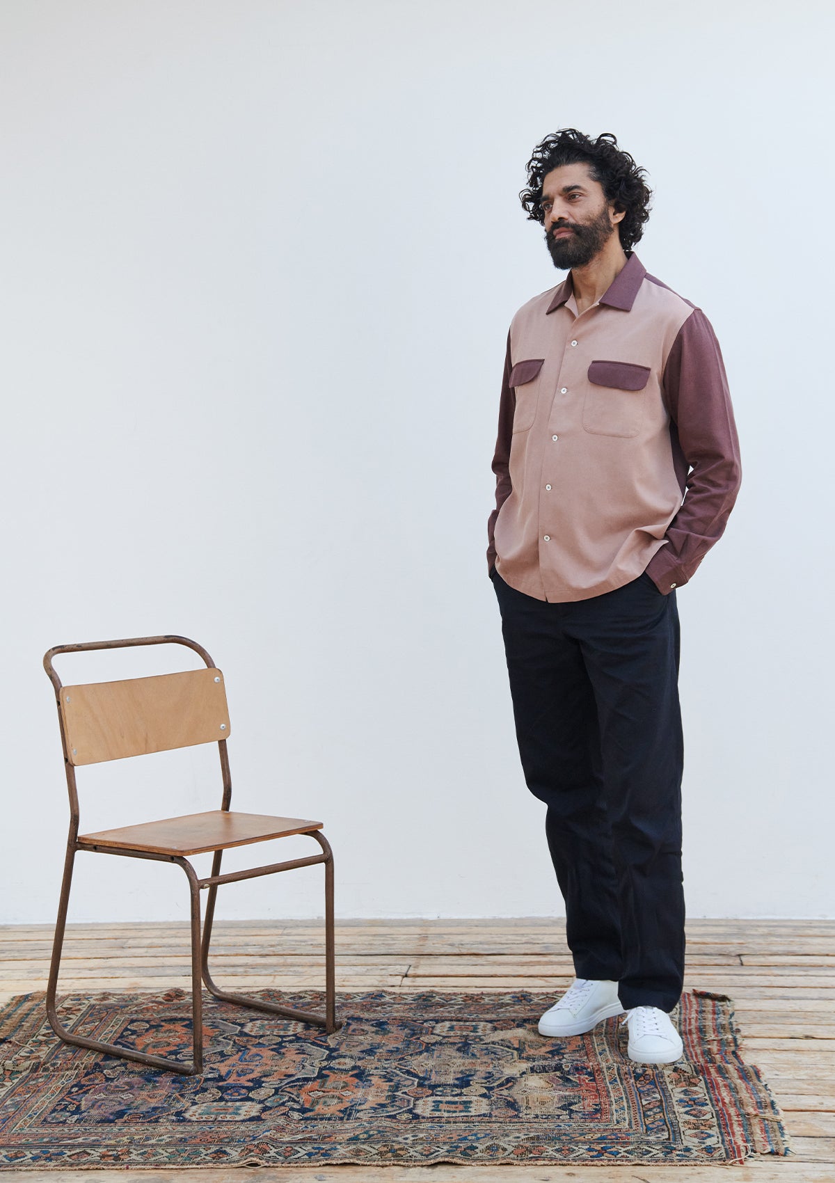 Image of Long Sleeve Bi-Colour Double Pocket Shirt - Sand & Brown