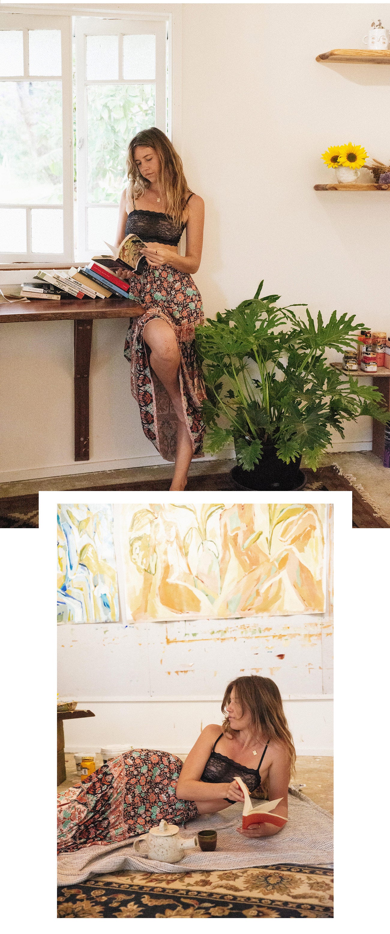 Sylvie Kettle at home wearing sustainable fashion by Arnhem Byron Bay Australia