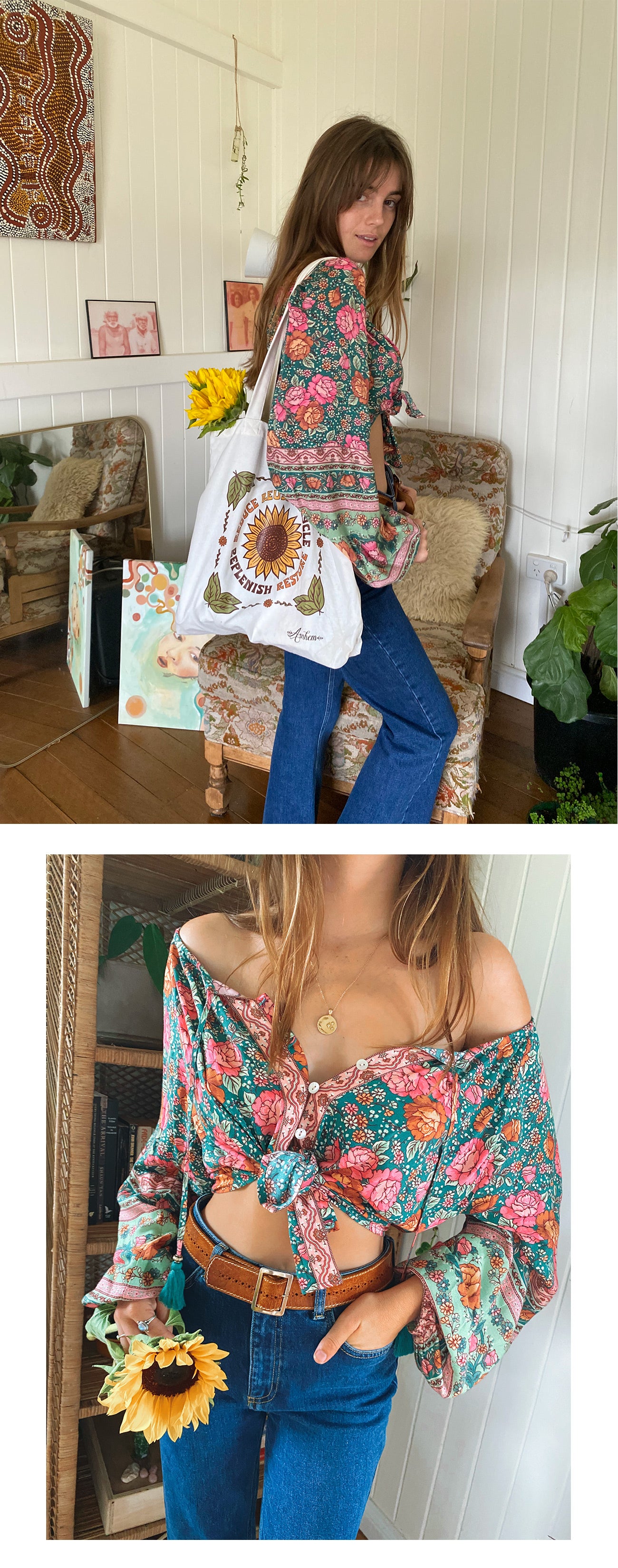 Freya wears the Amberley Blouse and Hideaway Denim with our new Circular Tote