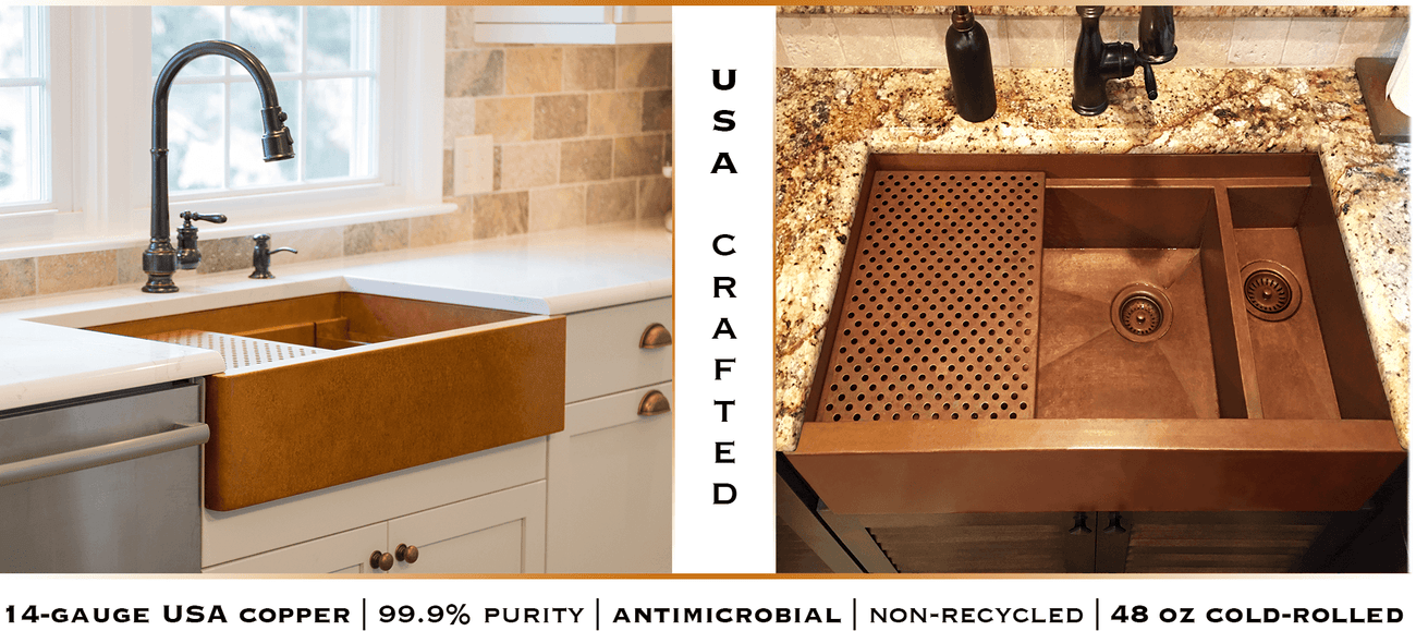 USA made custom copper sinks by Havens. 14 gauge copper equates in the most advanced kitchen sinks in the World.