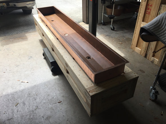 shipping custom copper trough sink with beautiful patina