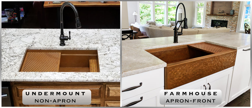undermount and farmhouse custom copper sinks with smooth and hammered finishes
