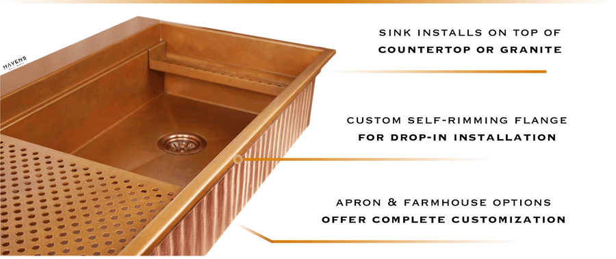 Drop in a top mount copper sink over existing countertops with a beautiful self-rimming design.