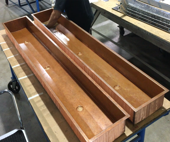 custom copper trough sinks with 3 x drain locations