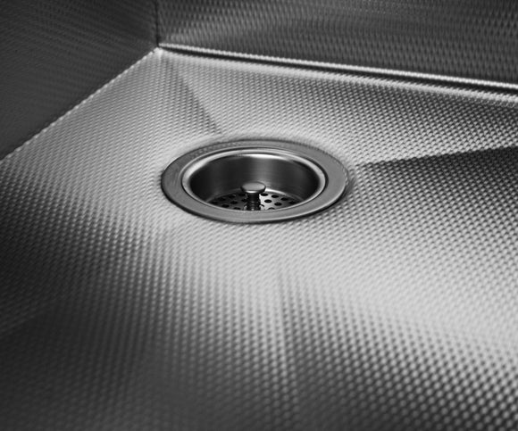 Perfect drain shot on a custom stainless sink by Havens.