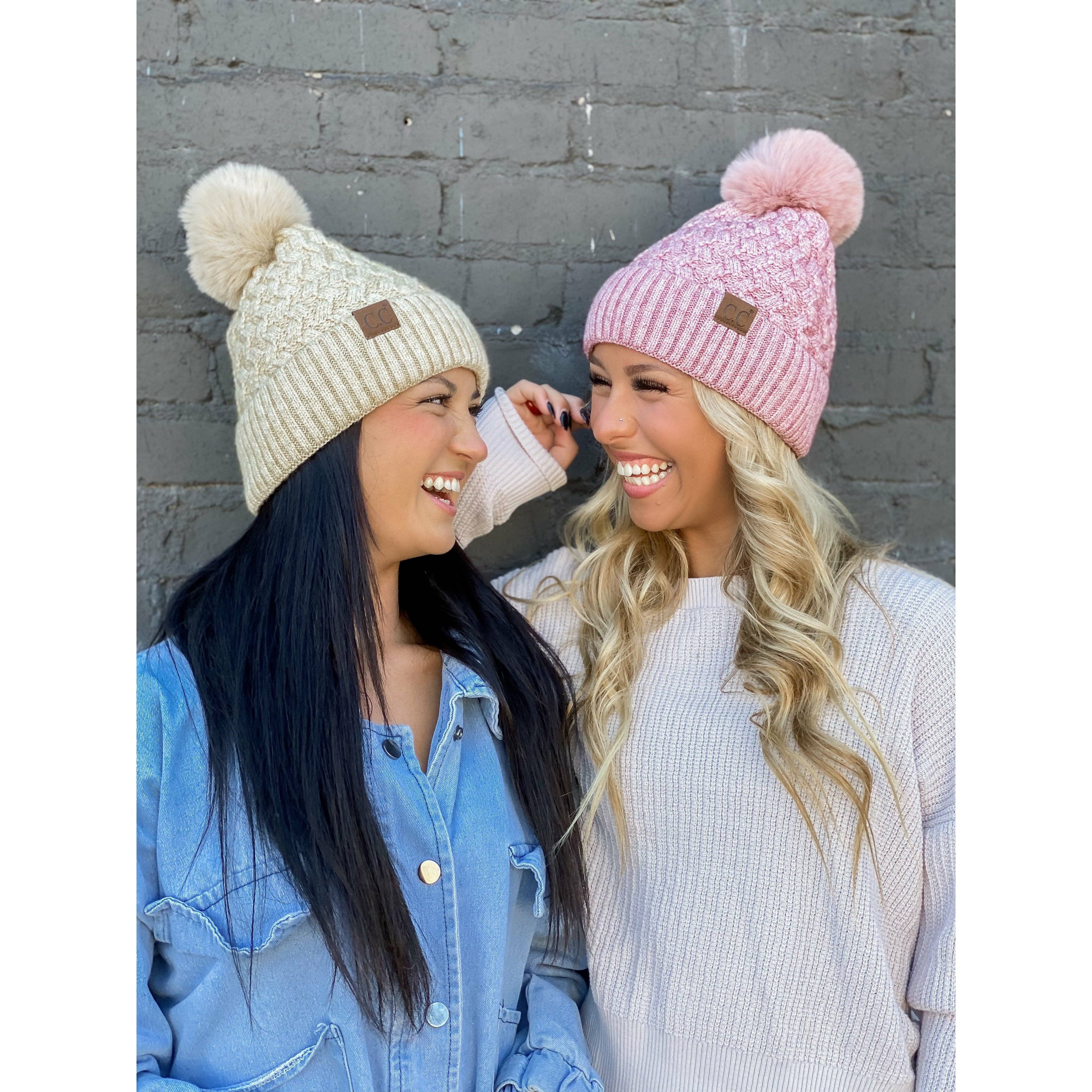 Cable Knit Cuffed Matching Fur Pom C.C Beanie