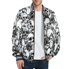 Men's Gray Skulls Striped Trim Bomber Jacket