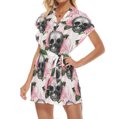 Women's Pink Floral Skull Standing Collar Dress With Belt