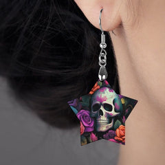 Skull Floral Star Wooden Drop Earrings