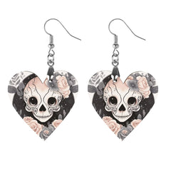 Skull Heart Wooden Drop Earrings