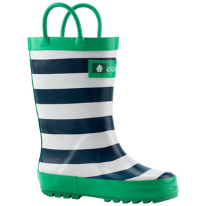 Oaki Blue, Green & White Stripes Loop Handle Rubber Rain Boots