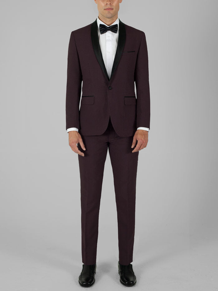 BURGUNDY TUXEDO WITH SHAWL LAPEL – ALAIN DUPETIT CANADA