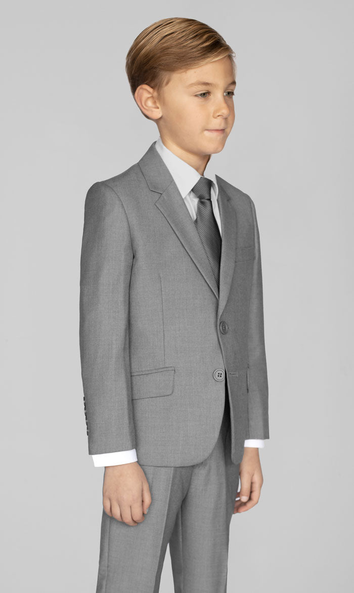BOYS LIGHT GREY TWO BUTTON SUIT WITH SHIRT & TIE – ALAIN DUPETIT CANADA