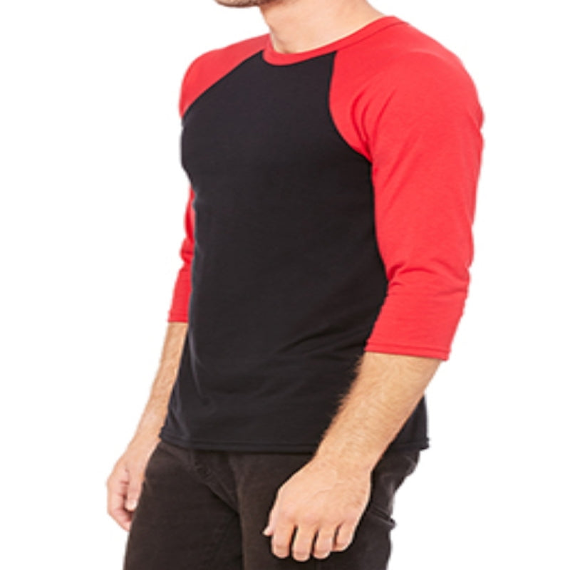 black baseball shirt with red sleeves