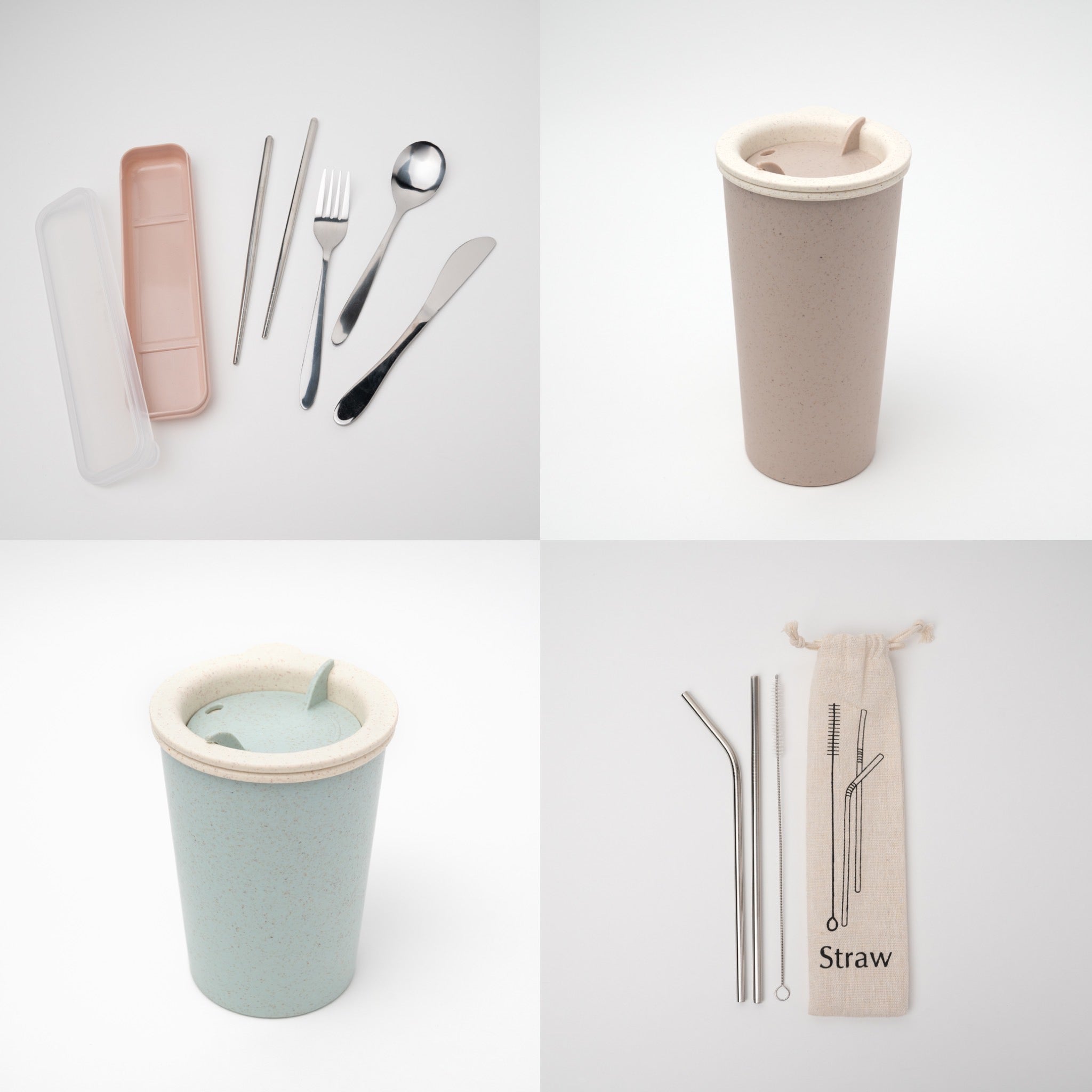 picture of reusable cups, metal straw, and cutlery