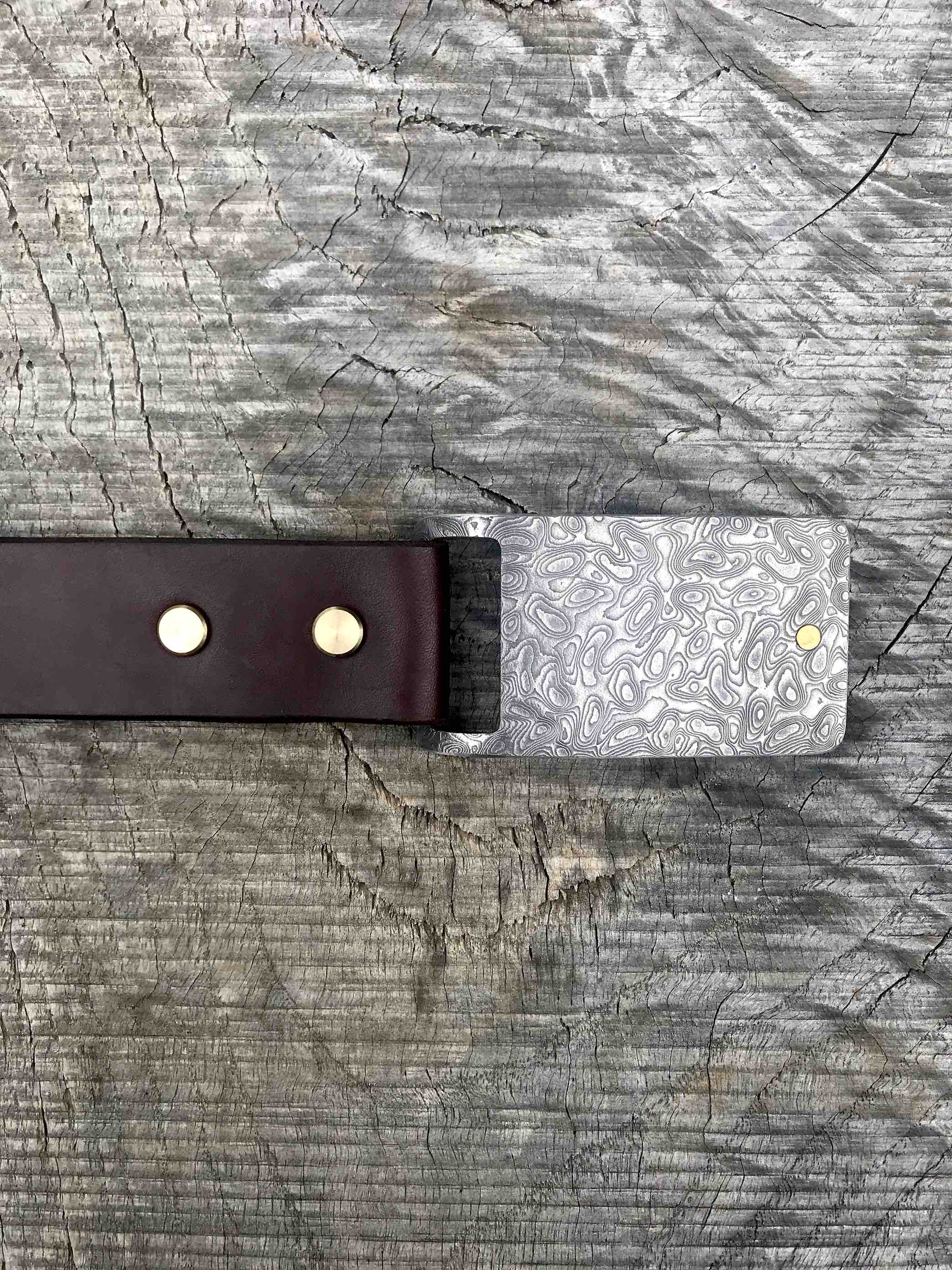 Damascus Belt Buckle and Leather Belt - Monolith Knives