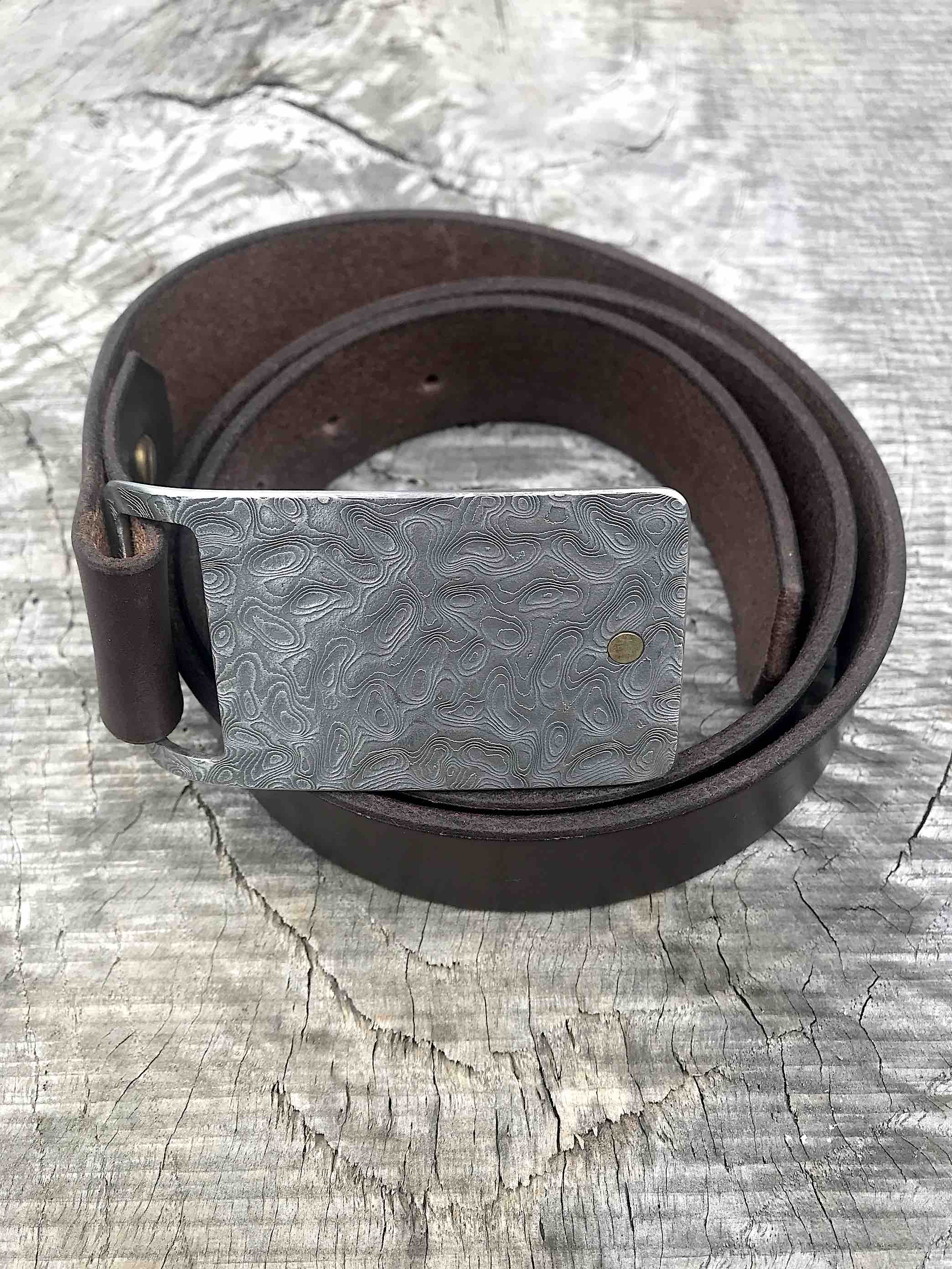 Damascus Belt Buckle and Leather Belt 