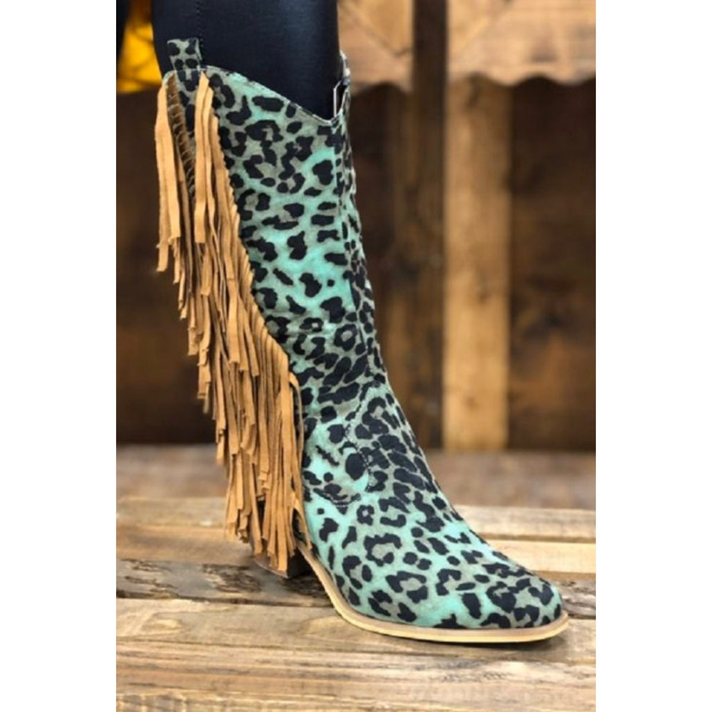 leopard boots with fringe