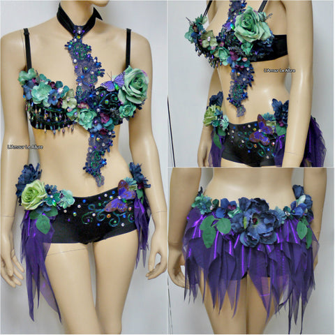 Dark Rainbow Butterfly Fairy Costume Dance Rave Bra and Skirt – L