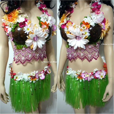 Ladies Multi Hula Skirt 40 cm 4 Pcs Lei Flower Bra Hawaiian Beach Part –  Labreeze Ltd