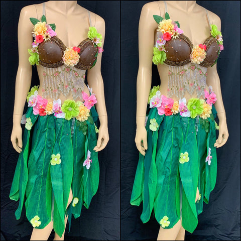 Tropical Hula Girl Coconut Flower Bra and Green Grass Skirt – L