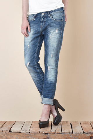 NORDENFELDT Nude Bowery Blue Star, Boyfriend jeans in mid blue with washed effects and used optic, loose fit, made of comfort denim