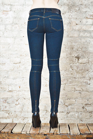 NORDENFELDT Nude Chelsea Atlantic Blue, skinny biker jeans in dark blue with stitched knee detail, power stretch denim