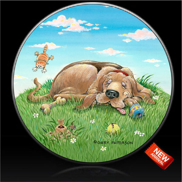 Dog sleeping with cat sneak attack spare tire cover