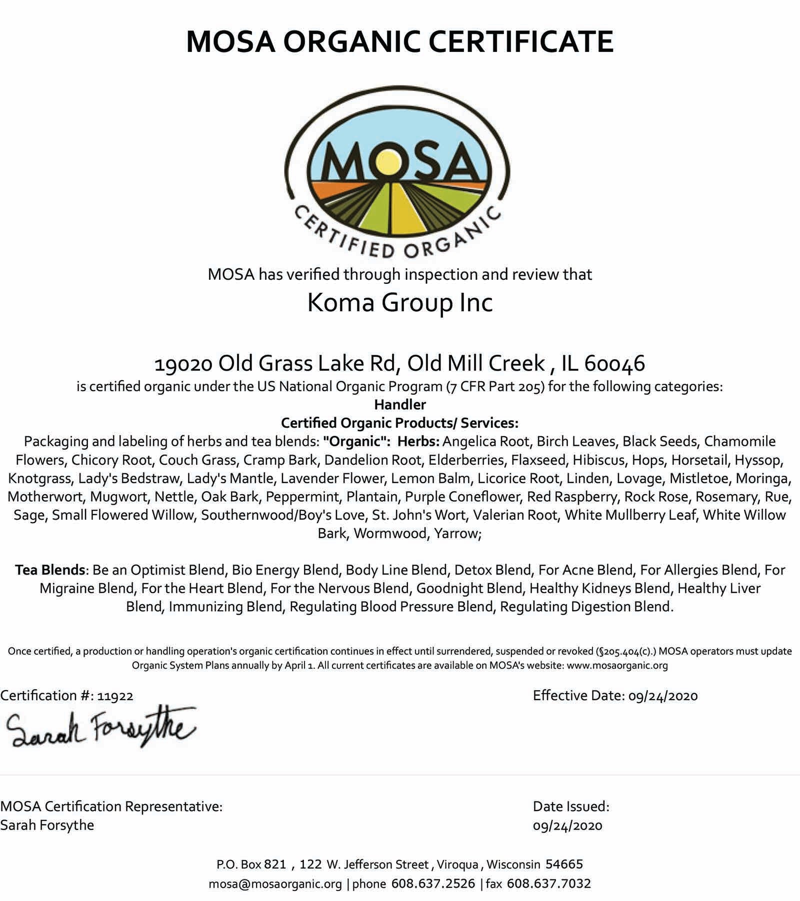 Biokoma USDA Organic Certificate