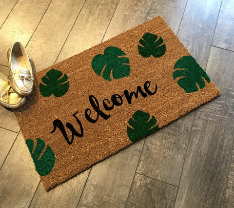 Welcome Leaves Doormat Hand Painted Customizable Welcome Mat Brigh