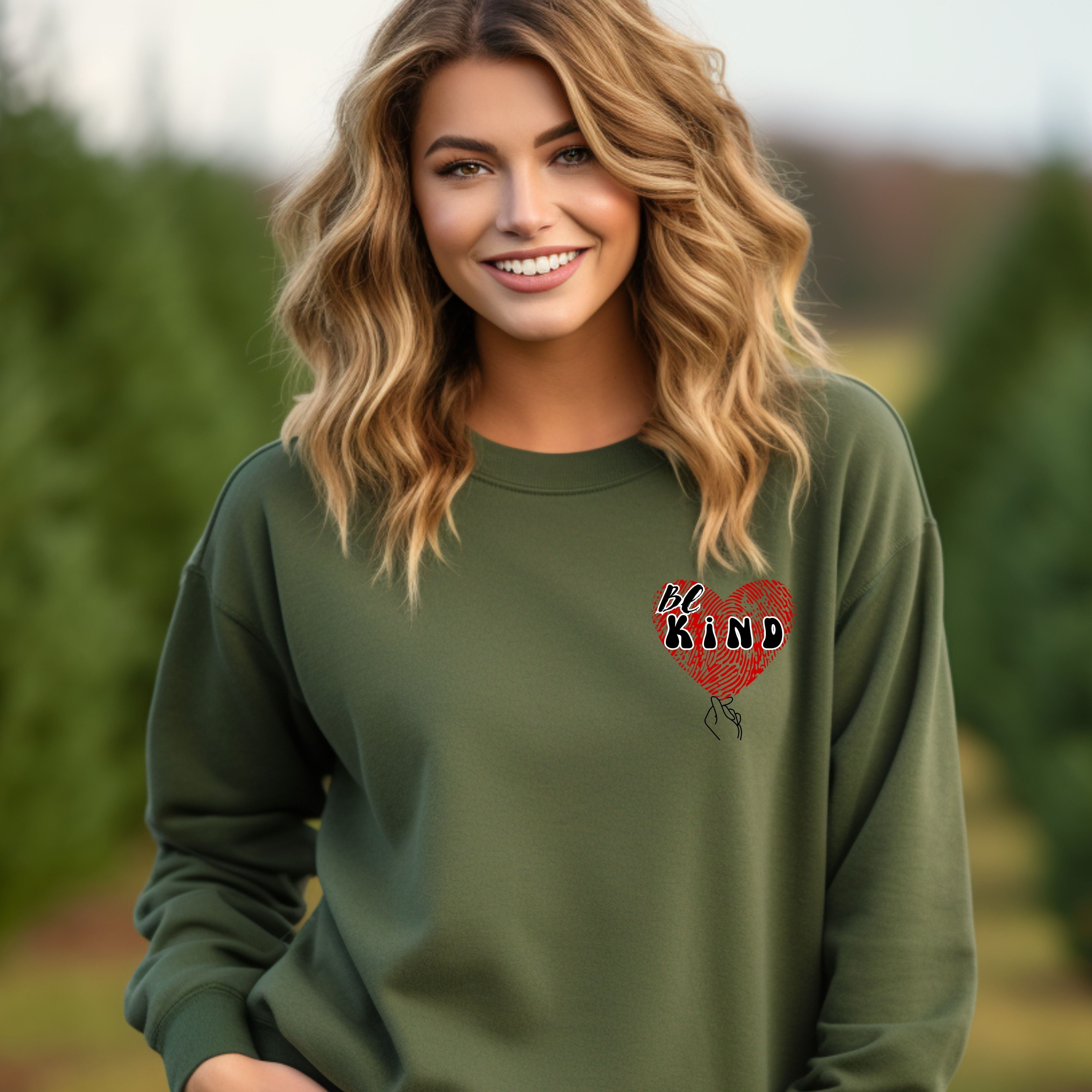 Chic Comfort: Be Kind Crewneck Vibes - Mini Heart - Military Green