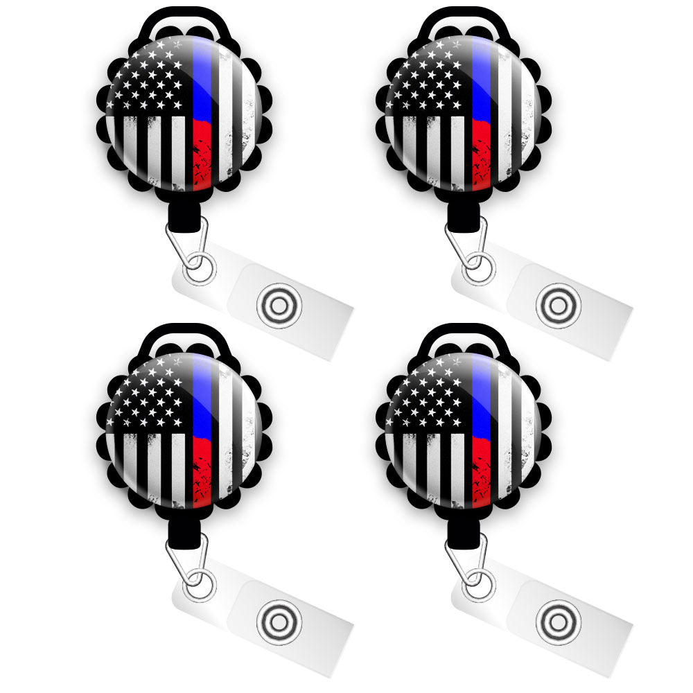 Thin Blue Line American Flag Lanyard Retractable Reel Badge ID