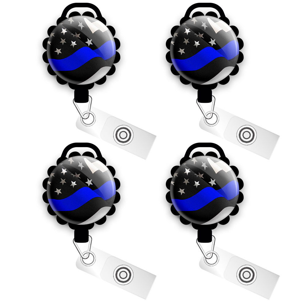 Thin Blue Line American Flag Lanyard Retractable Reel Badge ID