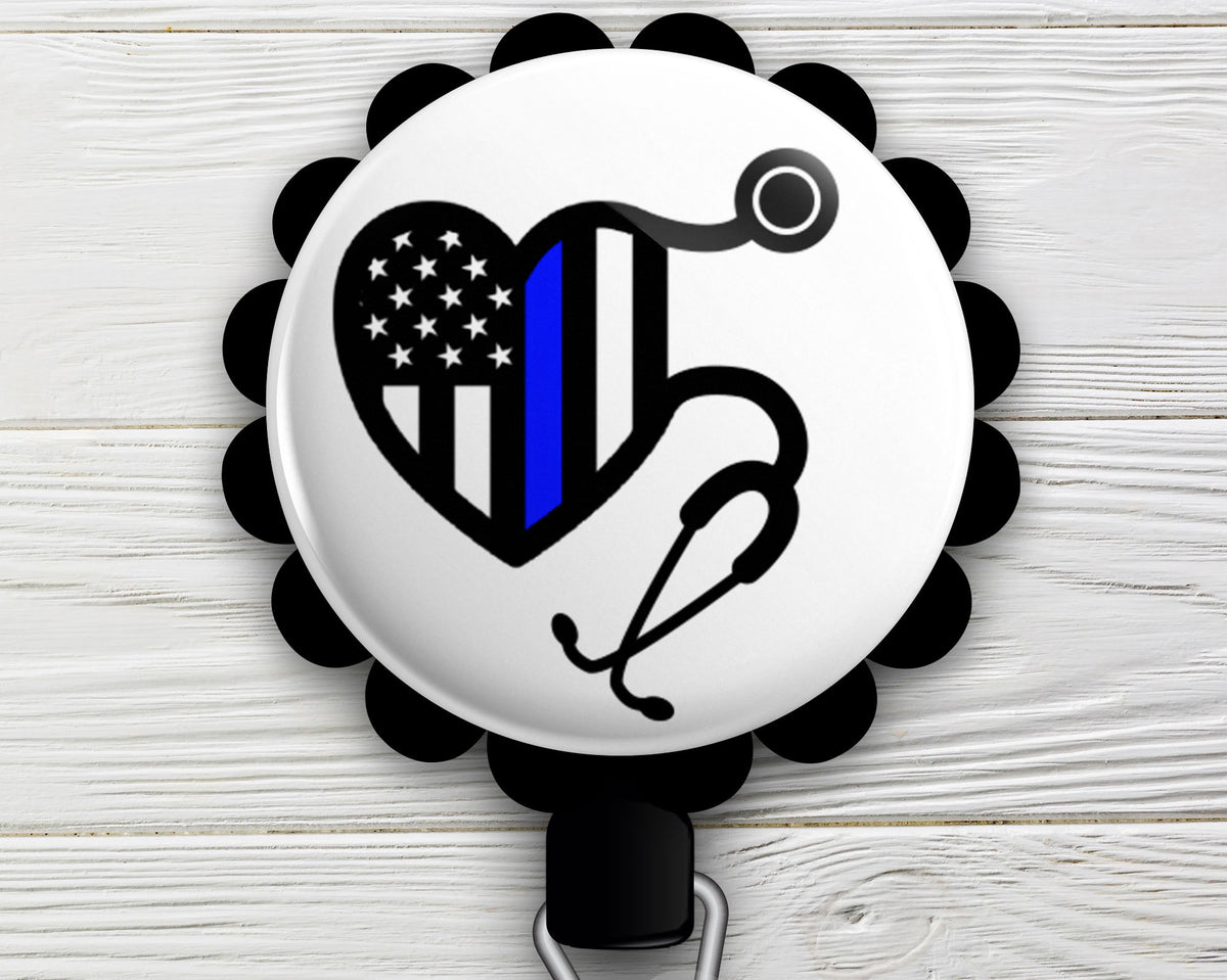 Thin Blue Line Symbolic Heart Retractable ID Badge Reel • Police