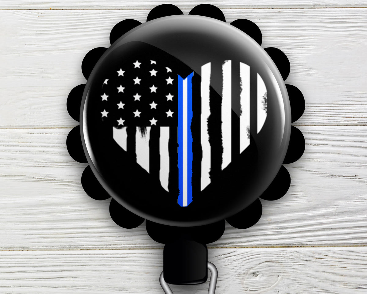 Thin White Line Symbolic Heart Retractable ID Badge Reel