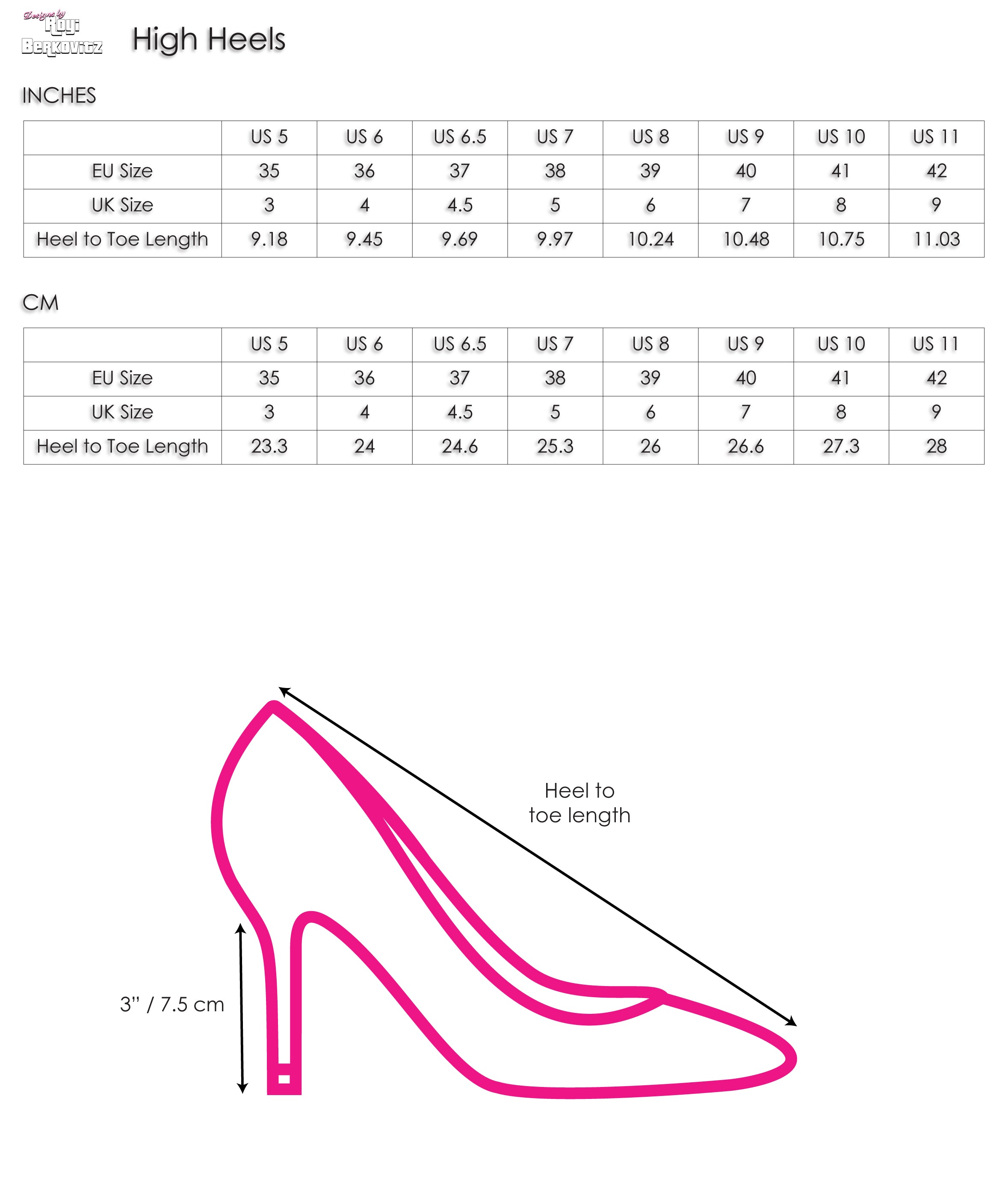 high heel size chart