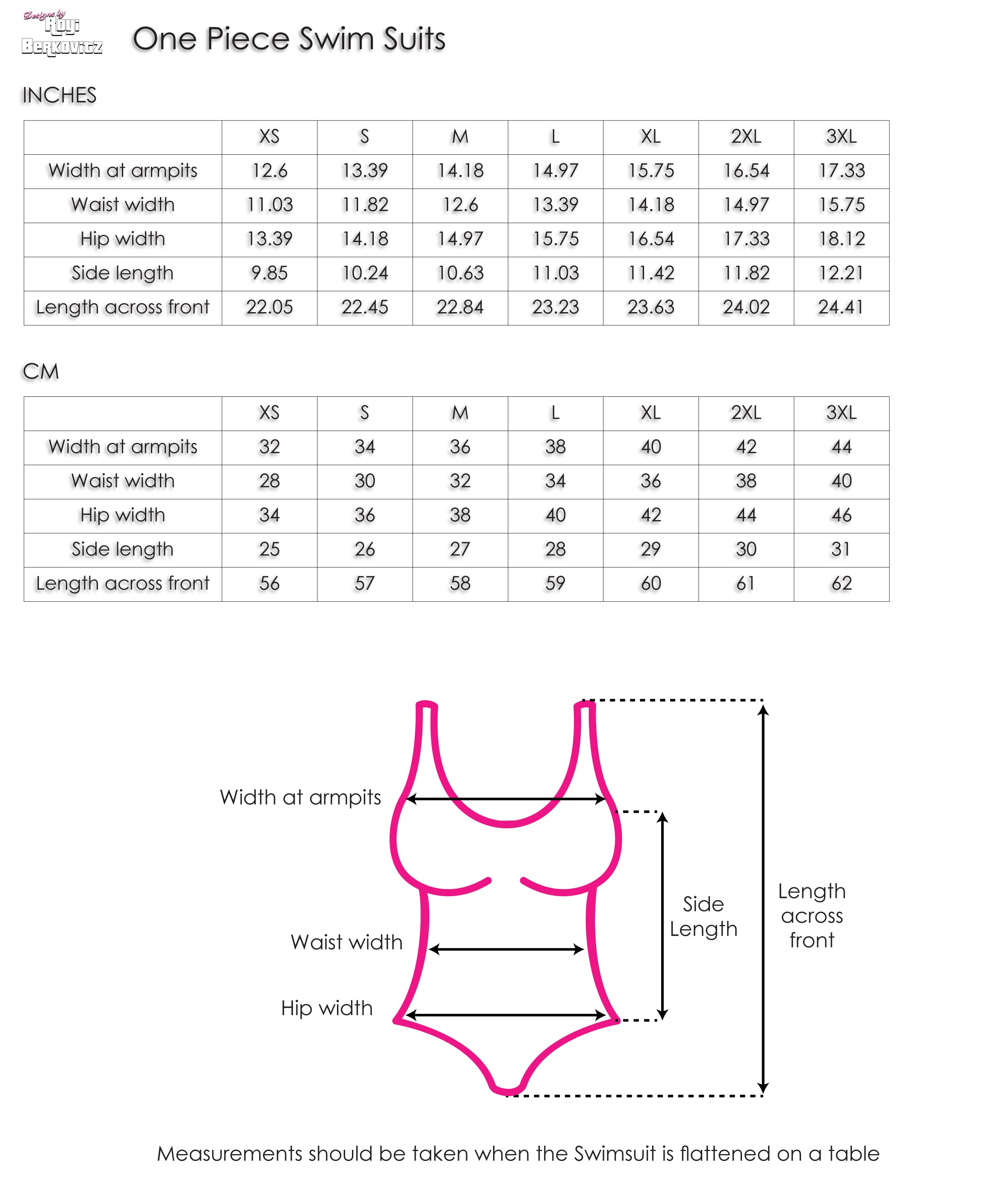 Size Chart - One Piece Swimsuits | Designs by Royi .B.