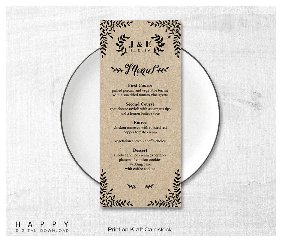 Rustic Leaves Wedding Menu template Happy Digital Download