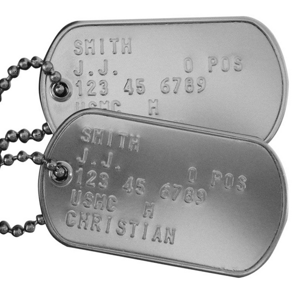 WW2 Notched Personalised Embossed Steel US Army Dog Tags in a