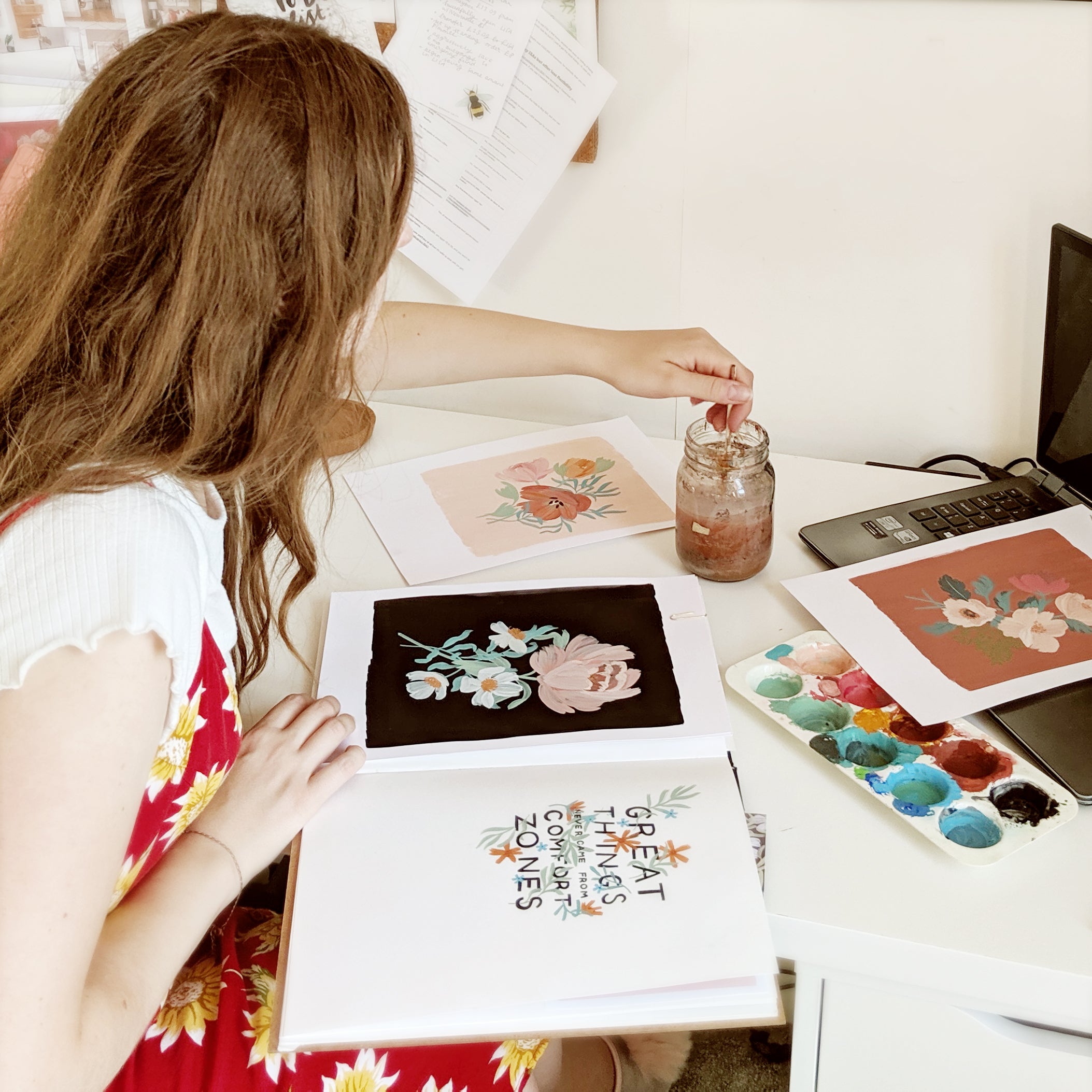 Annie, creating an original painting in a sketchbook