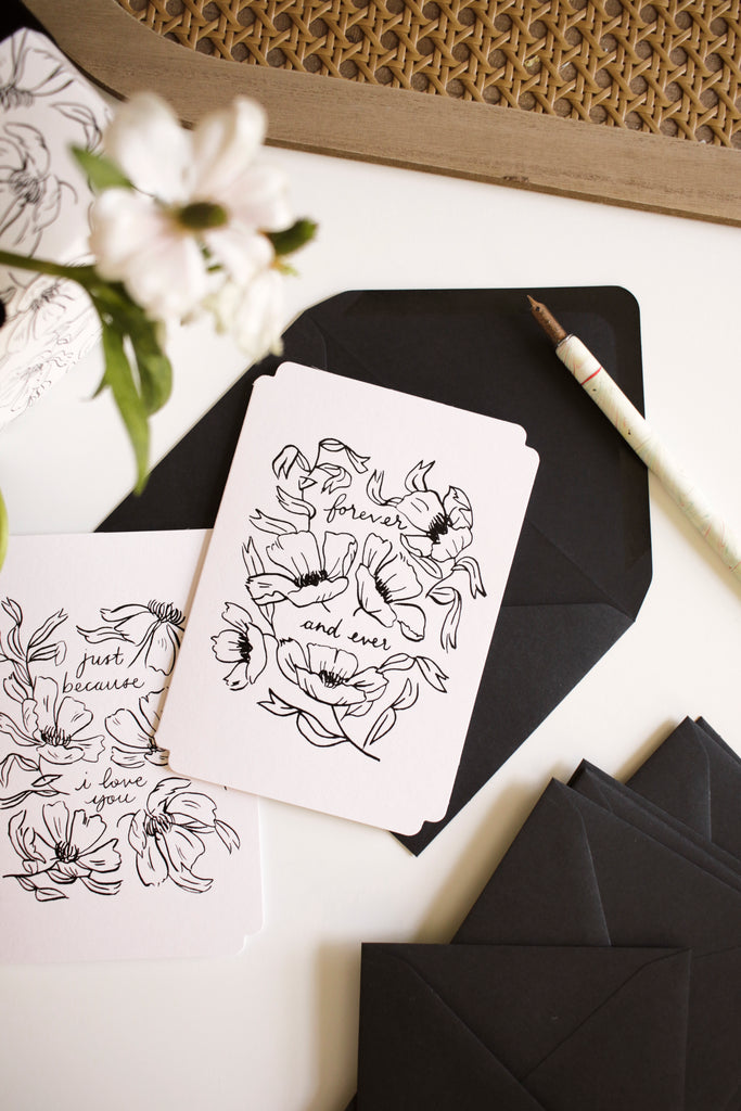 Line-work style illustrated floral valentine's cards