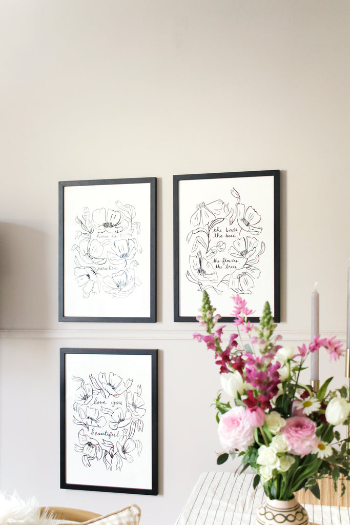 framed floral prints in a linework style, hang on a pale grey wall